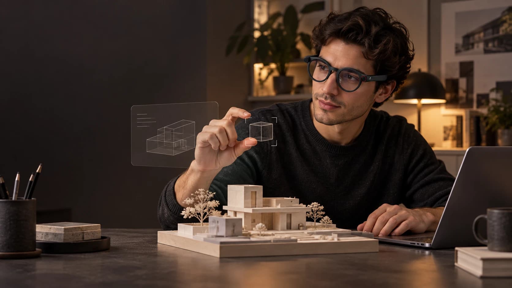 Concept of a creator wearing Savage glasses and using a bare-hand gesture while working